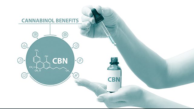 A hand holds a dropper and CBN on other hand.